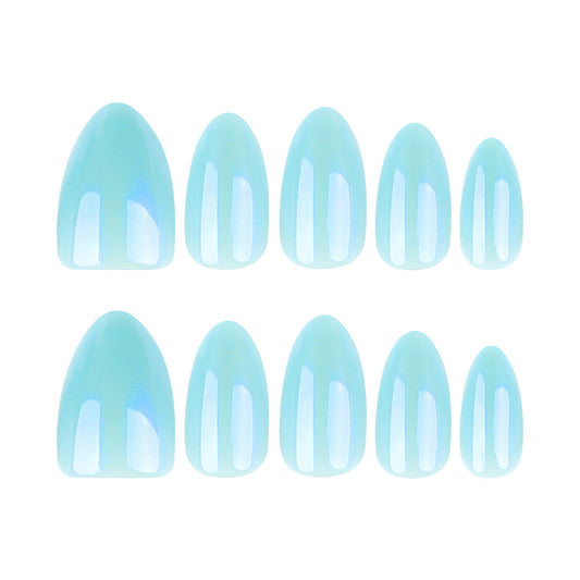 Celestial Dream Press on Nail Set Medium Almond Shape Iridescent Aqua Color Stunning Holographic Shine