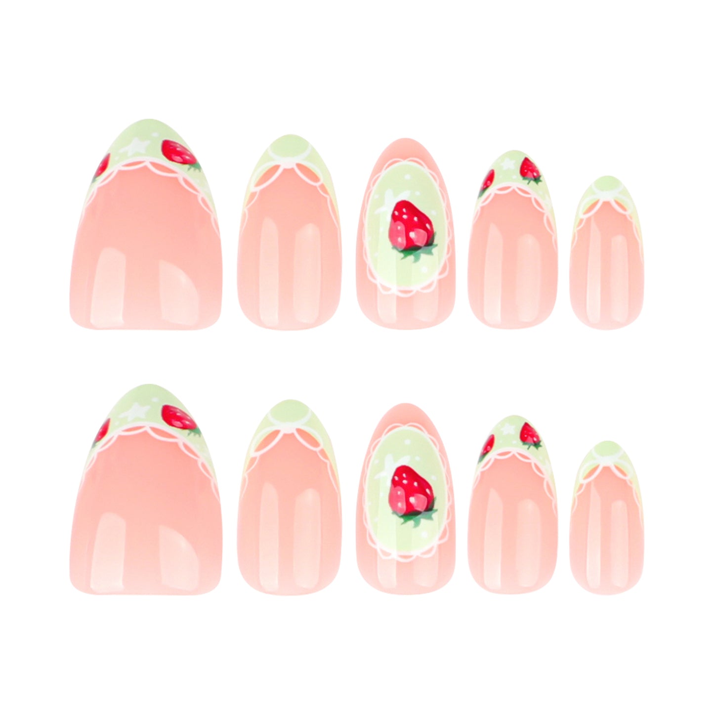 Charming Strawberry Delight Medium Almond Pink Nail Set with Whimsical Green Accent