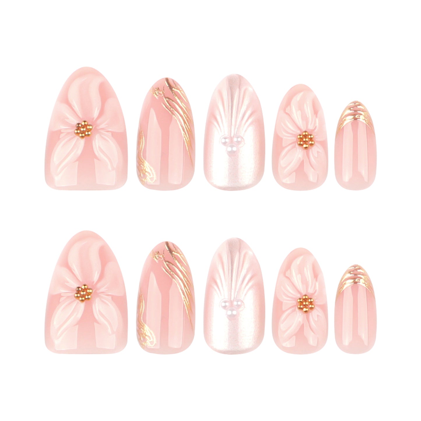 Blossom Elegance Medium Almond Pink Floral Press On Nail Set with Pearl Accents