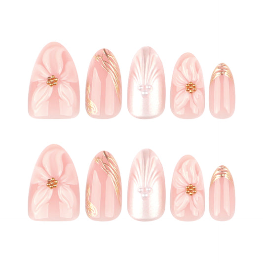 Blossom Elegance Medium Almond Pink Floral Press On Nail Set with Pearl Accents