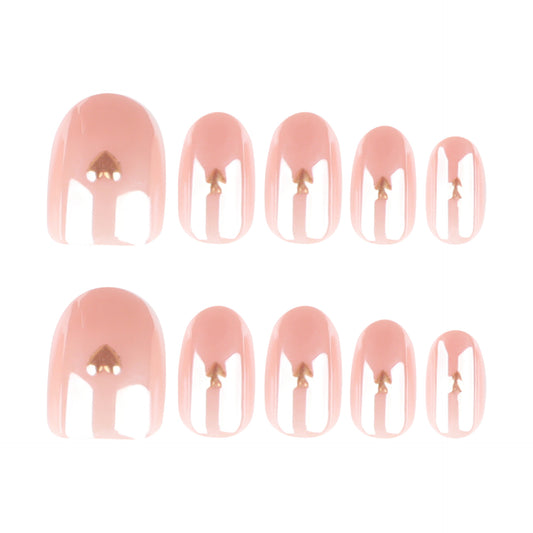 Elegant Nature Inspired Press On Nail Set Stylish Medium Oval Shape Soft Pink Color Glamorous Gold Accent Feature