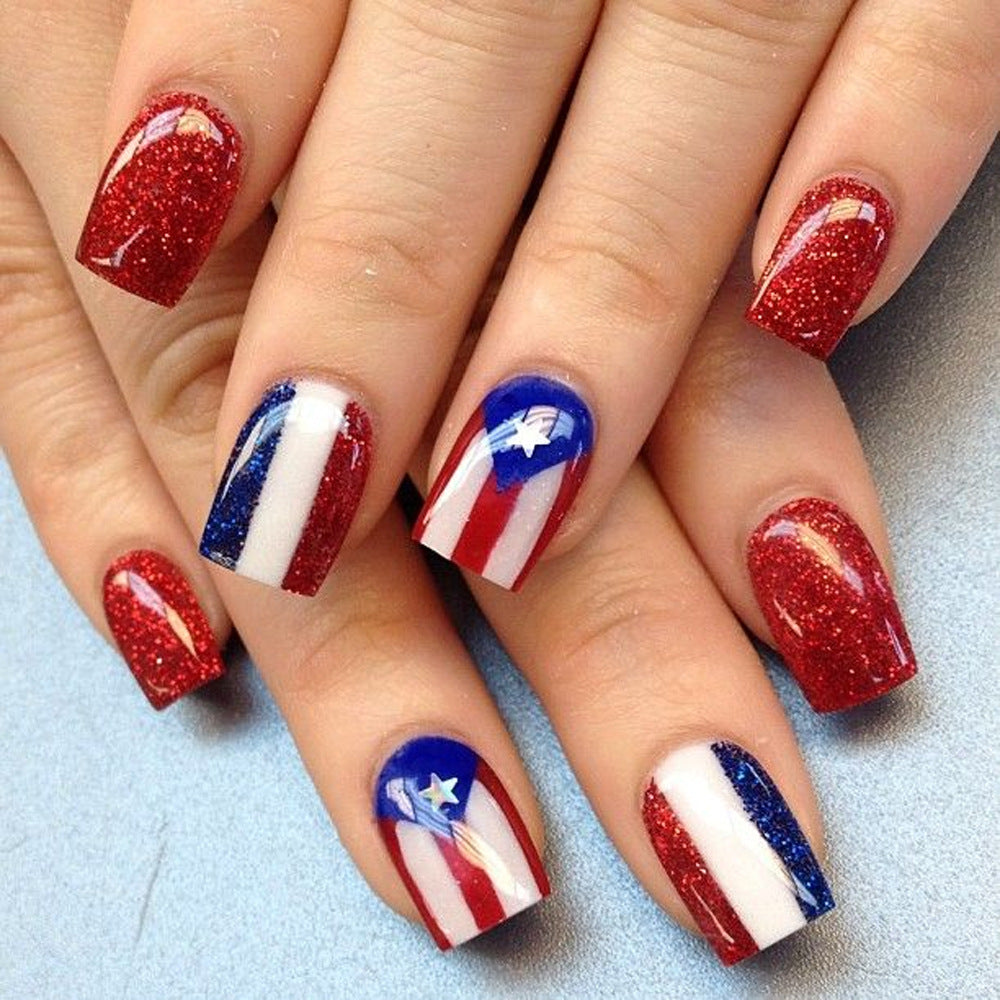 Patriotic Sparkle Medium Square Red Blue Glittery Press On Nail Set with Unique Flag Designs