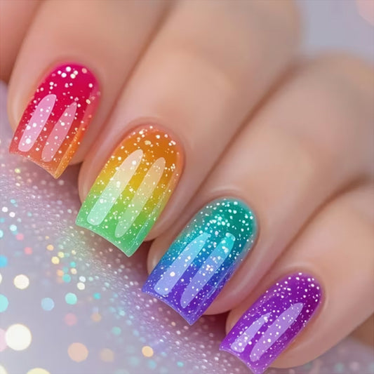 Enchanting Rainbow Dreamy Medium Square Glitter Press On Nail Set in Vibrant Bright Shades with Sparkling Ombre Finish