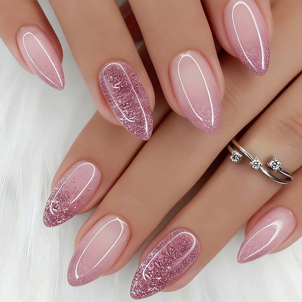 Enchanted Glamour Medium Almond Pink Ombré Glitter Press On Nail Set
