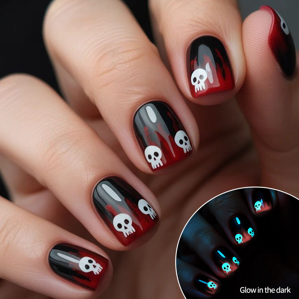Spooky Glow in the Dark Short Square Red and Black Skull Press On Nail Set