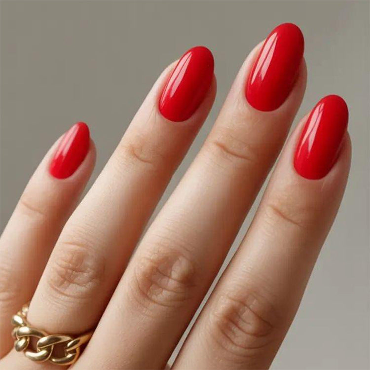 Glamorous Elegance Medium Oval Bright Red High Gloss Press On Nail Set