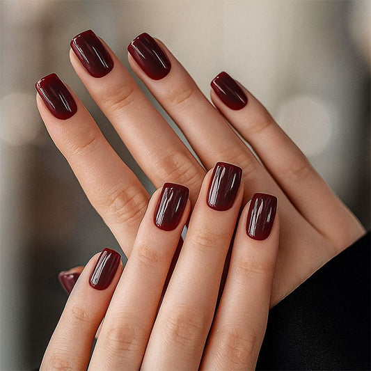 Elegant Burgundy Elegance Short Square Glossy Press On Nail Set with Stunning Shine