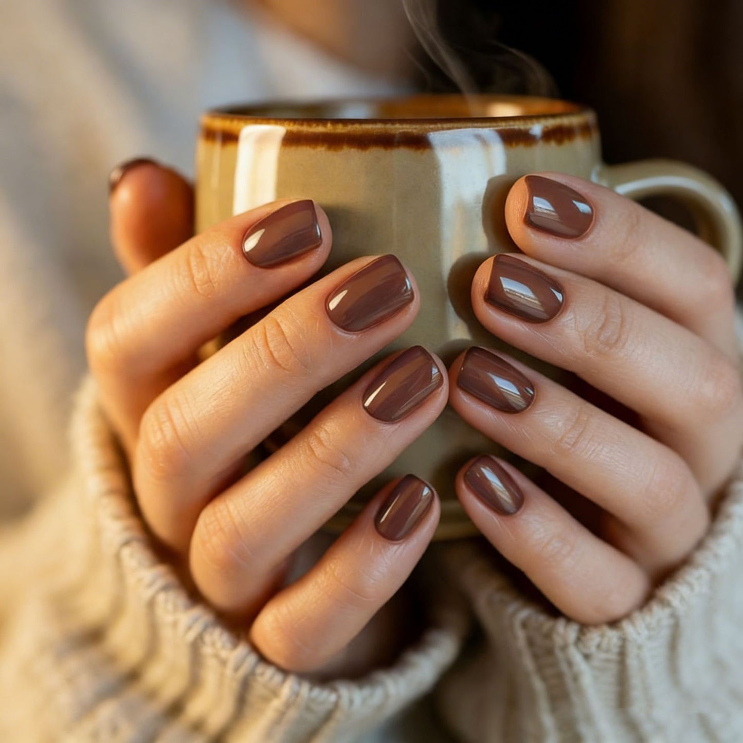 Cozy Autumn Vibes Glossy Short Square Brown Press On Nail Set with Chic Shine