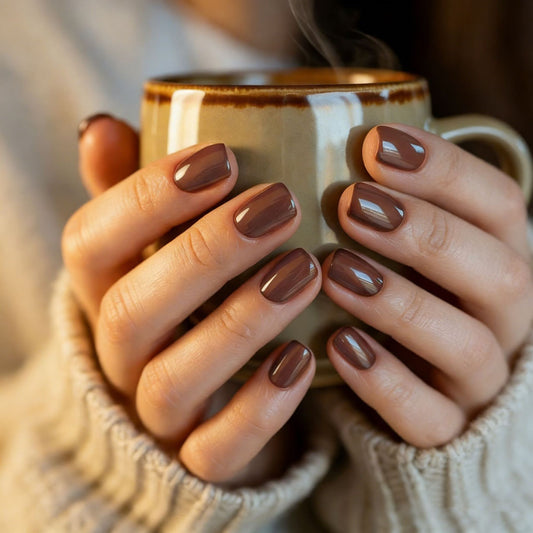Cozy Autumn Vibes Glossy Short Square Brown Press On Nail Set with Chic Shine