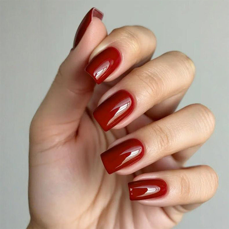Glamorous Autumn Elegance Short Square Deep Red Glossy Press On Nail Set