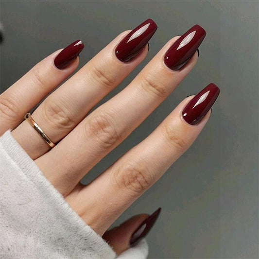 Glamorous Autumn Elegance Long Coffin Burgundy Glossy Press-On Nail Set with Unique Diamond Accent