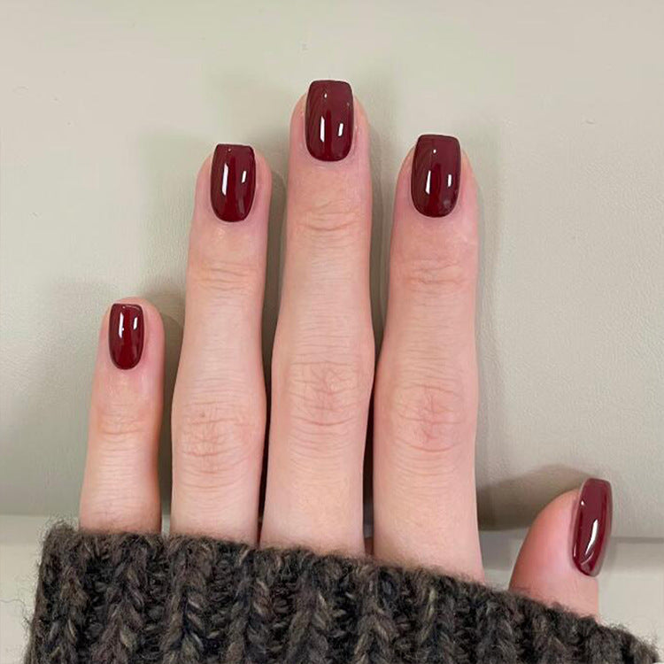 Autumn Elegance Short Square Burgundy Glossy Press-On Nail Set with Luxurious Shine