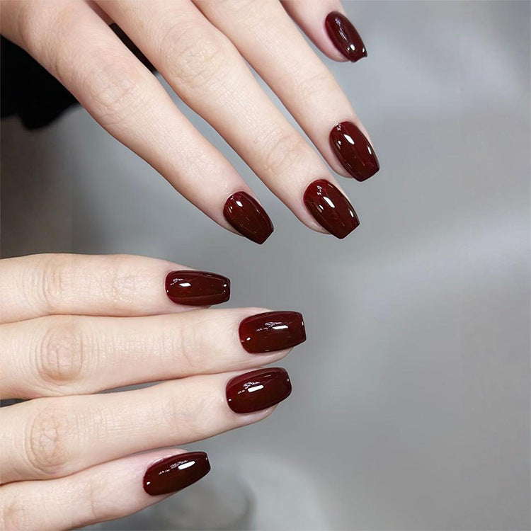 Elegant Evening Vibes Short Square Burgundy Glossy Press On Nail Set