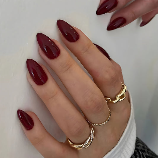 Gothic Elegance Medium Almond Maroon Glossy Finish Press On Nail Set