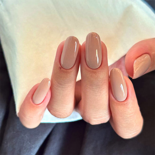 Elegant Autumn Ombre Long Oval Shaped Beige Press On Nail Set with Mirror Finish
