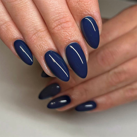 Nautical Elegance Long Almond Shape Deep Navy Color High Gloss Finish Press On Nail Set
