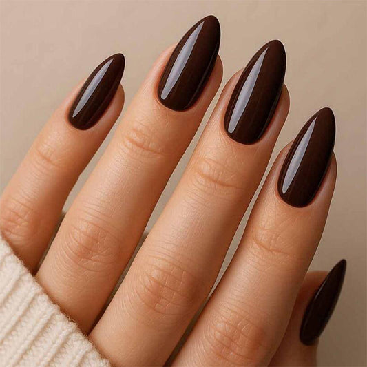 Gothic Elegance Long Almond Shape Deep Brown Glossy Finish Nail Set
