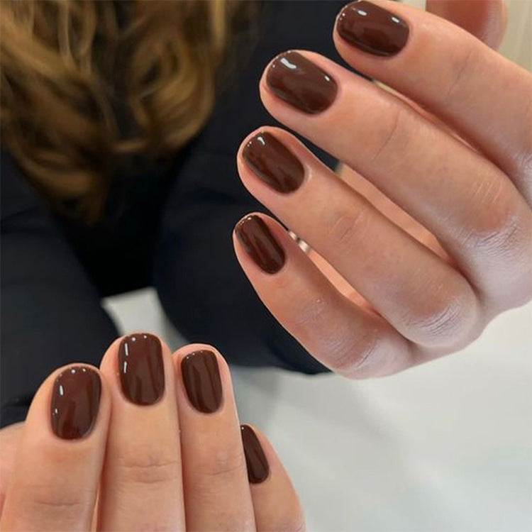 Elegant Autumn Charm Glossy Short Square Brown Press-On Nail Set with Effortless Application