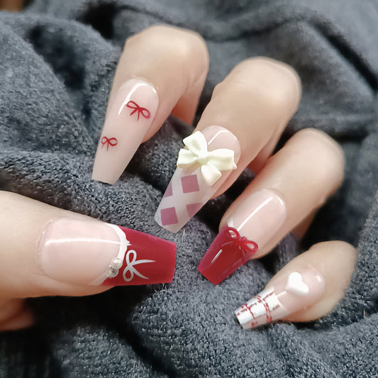Gift Wrap Dreams Long Coffin Red and Beige Press on Nail Set with Adorable Bow Accents