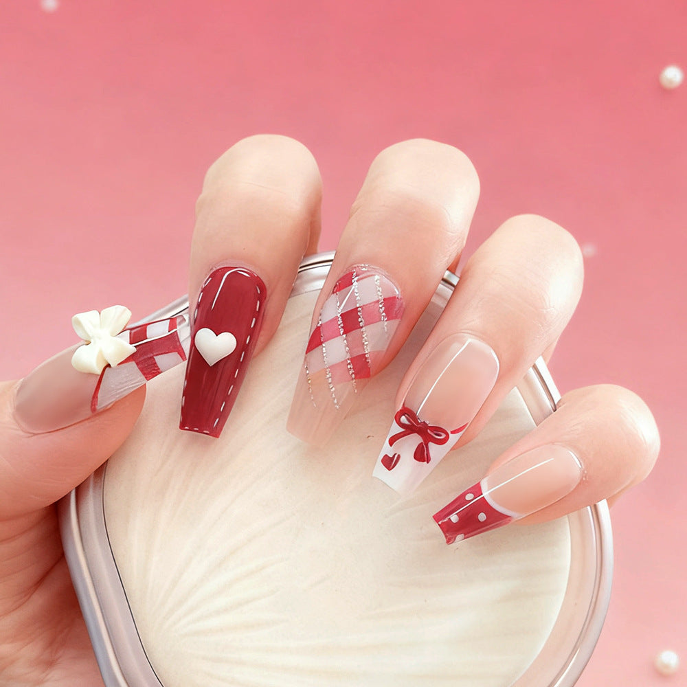 Sweet Romance Long Coffin Burgundy Plaid and Heart Adorned Press-On Nail Set