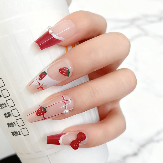 Charming Strawberry Delight Long Coffin Clear and Red with Pearl Accents Press On Nail Set