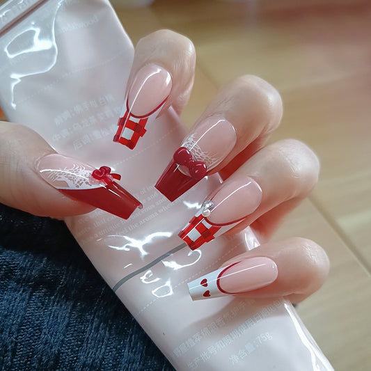 Festive Delight Long Coffin Red with Holiday Gift Design Press-On Nail Set