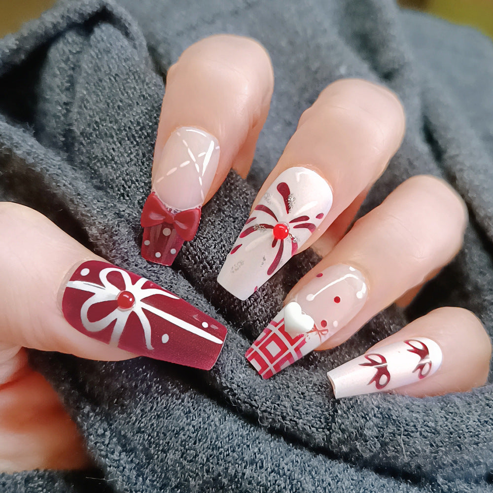 Festive Celebration Long Coffin Burgundy and White Press-On Nail Set with Unique Holiday Designs