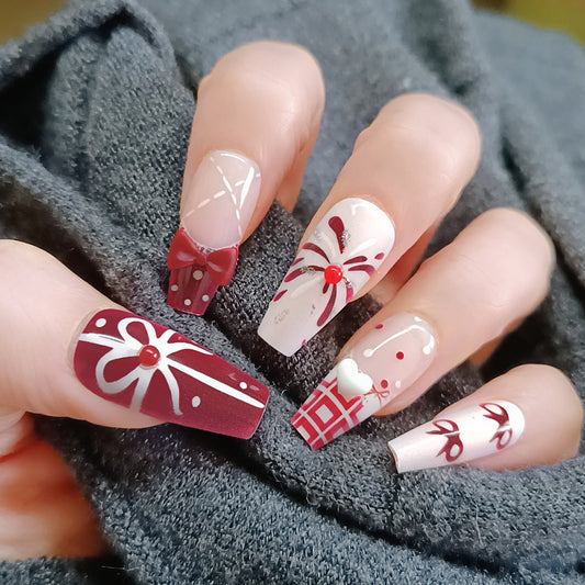 Festive Celebration Long Coffin Burgundy and White Press-On Nail Set with Unique Holiday Designs