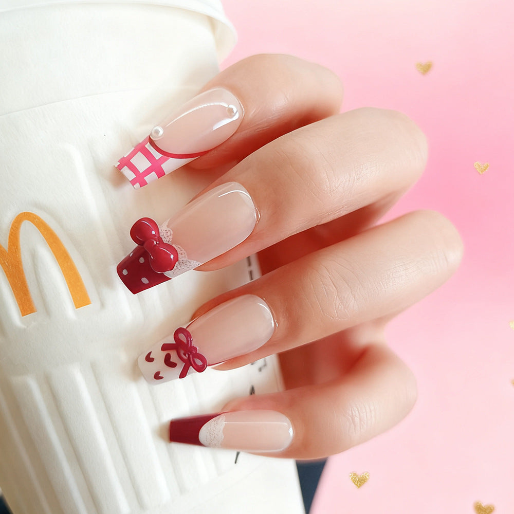 Sweet Treat Inspired Long Coffin Burgundy and Clear Press On Nail Set with Adorable Bow Accents
