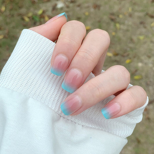 Dreamy Ombre Short Square Press On Nail Set Long Length Soft Pink and Blue Gradient With Glossy Finish