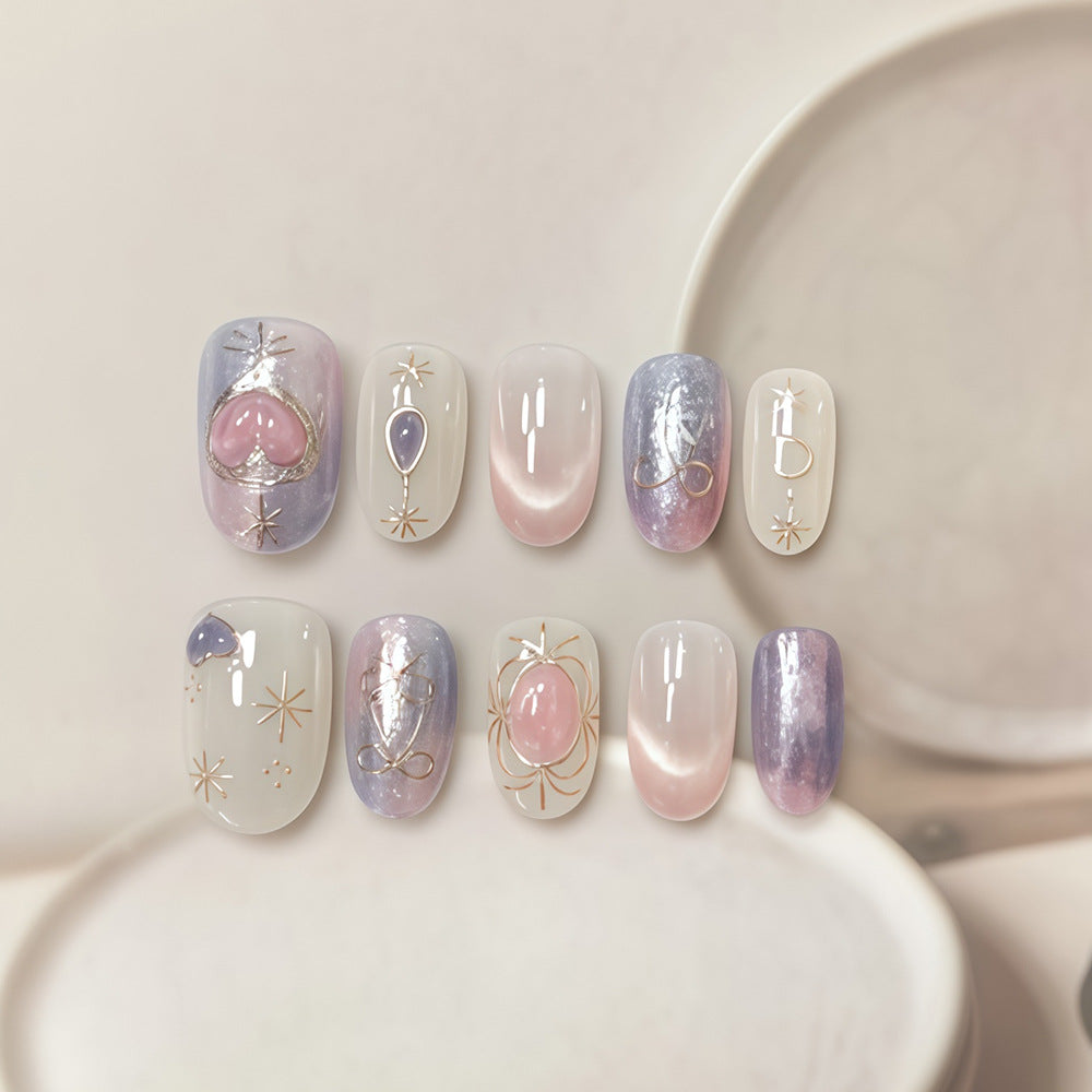 Celestial Radiance Short Oval Lavender Ombre with Elegant Gold Accents Press on Nail Set