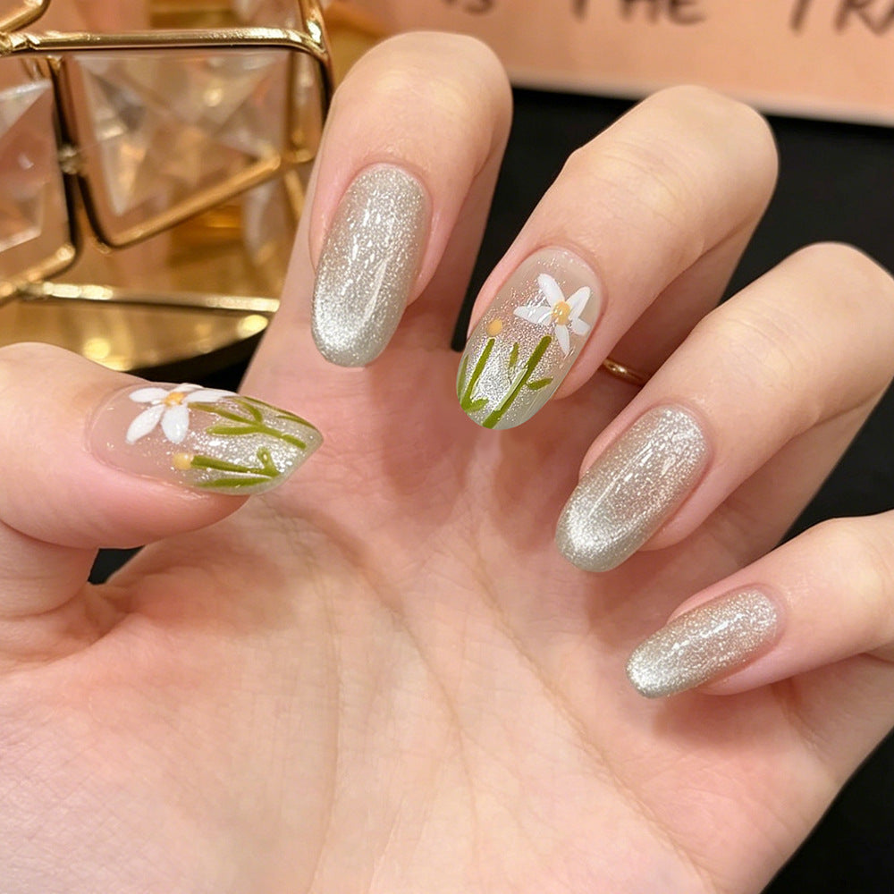 Whimsical Floral Long Oval Shimmering Silver Press On Nail Set