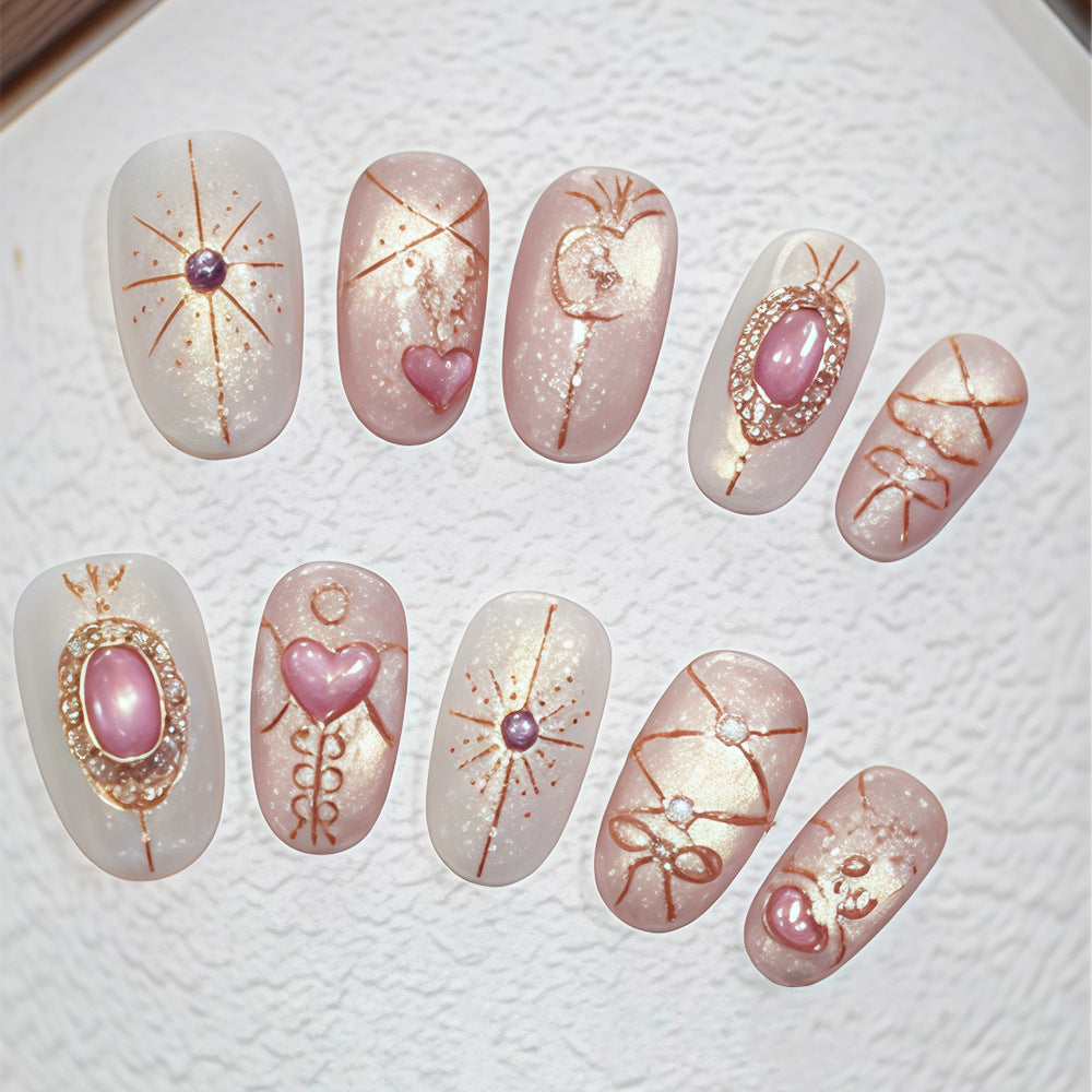 Glamorous Pink Treasure Short Oval Sparkly Details Press On Nail Set