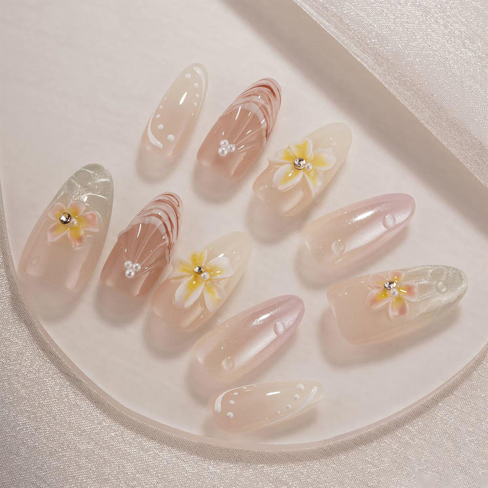 Blossom Dream Long Almond Beige Press On Nail Set with Floral Accents