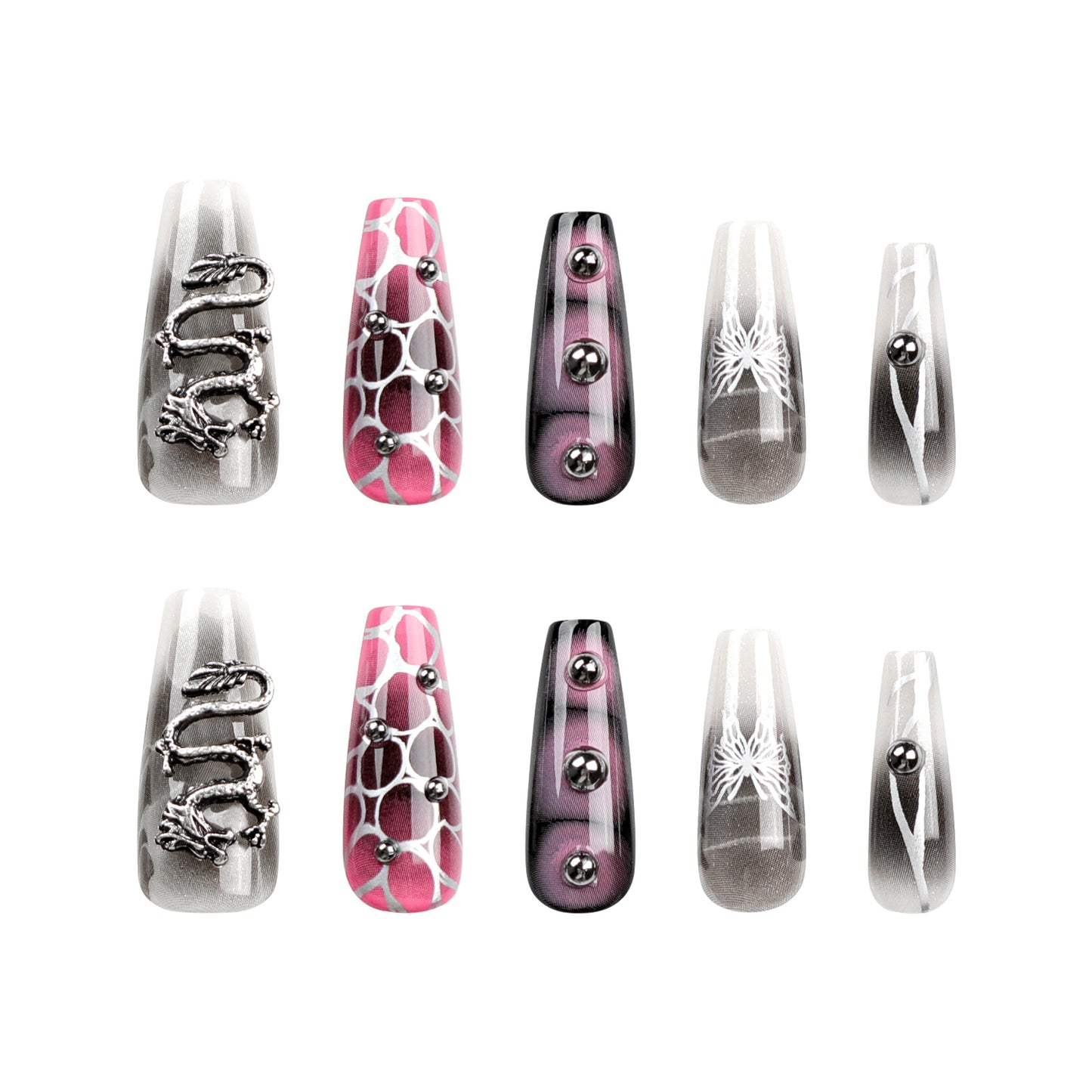 Mystical Dragon Design Long Coffin Shaped Pink and Gray Press On Nail Set with Unique Metallic Accents