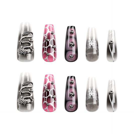 Mystical Dragon Design Long Coffin Shaped Pink and Gray Press On Nail Set with Unique Metallic Accents