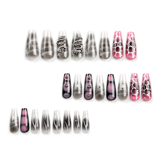 Mystical Elegance Long Coffin Shape Transparent Gray with Unique Metallic Accents Press On Nail Set