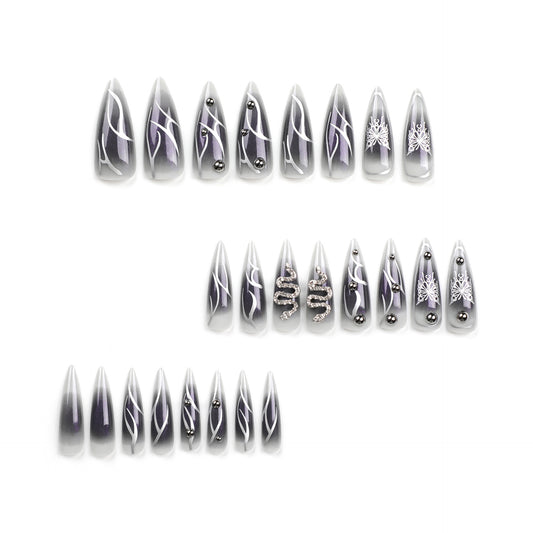 Mystical Elegance Long Stiletto Ombre Gray Nail Set with Intricate Silver Designs and Stunning Metallic Accents