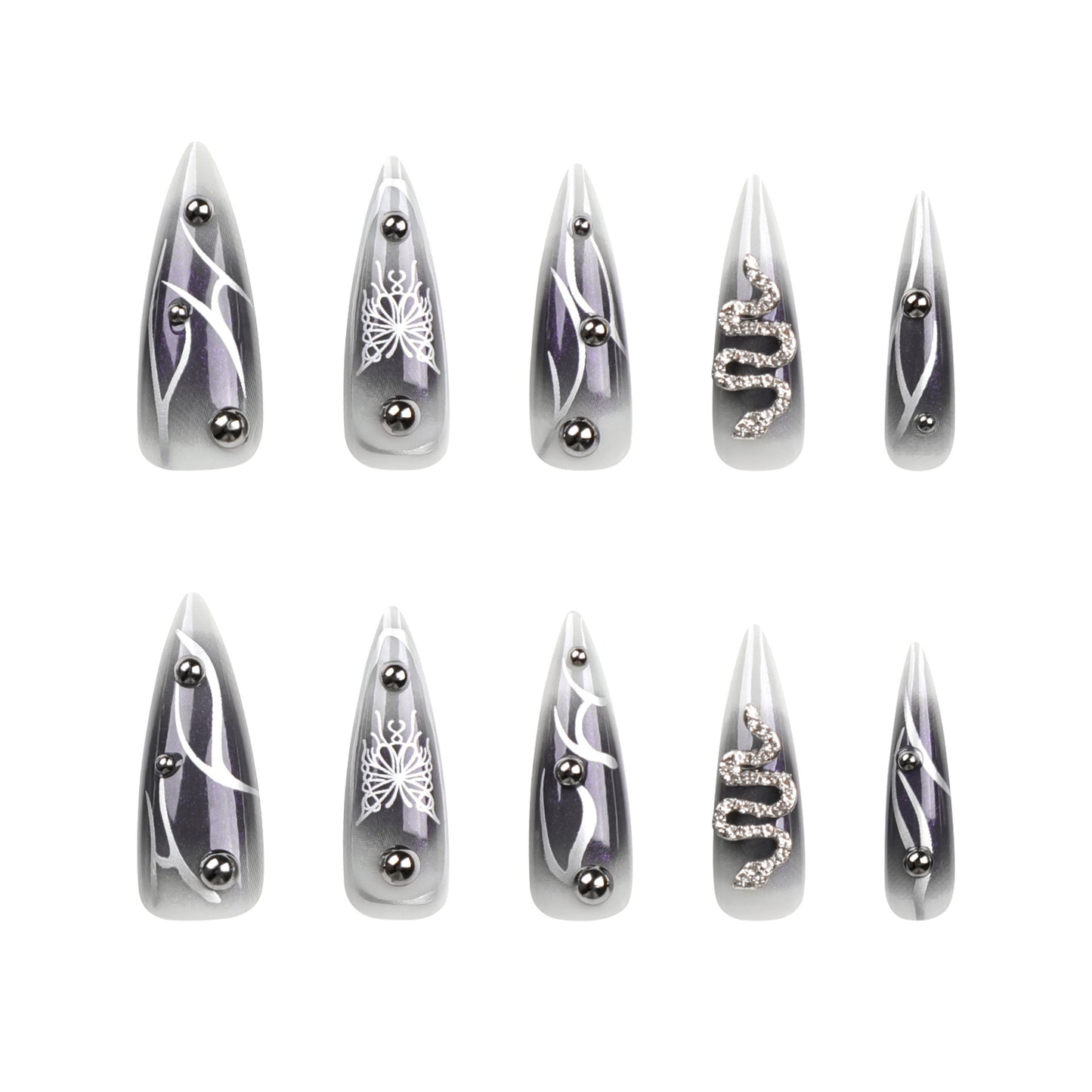 Mystical Elegance Long Stiletto Shiny Gray Decorative Nail Set with Unique Metallic Accents and Intricate Designs