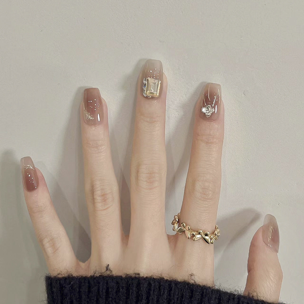 Enchanted Elegance Short Coffin Taupe Press On Nails with Rhinestone Accents