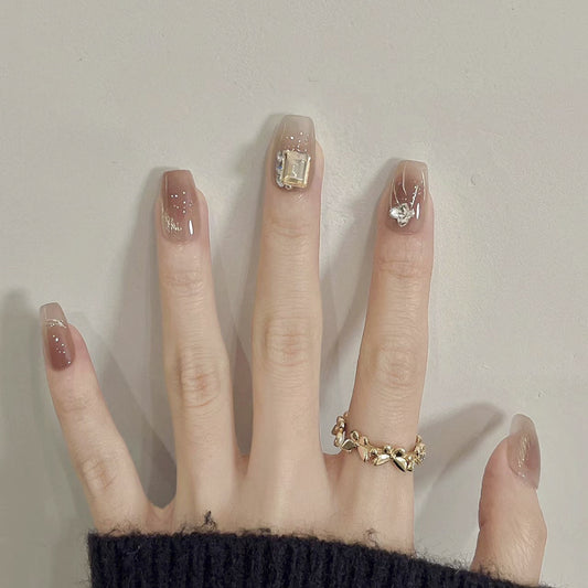 Enchanted Elegance Short Coffin Taupe Press On Nails with Rhinestone Accents