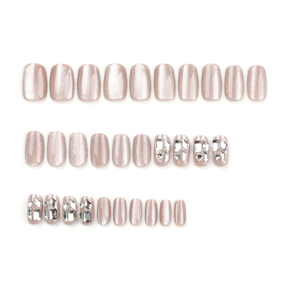 Elegant Rose Quartz Lengthy Medium Squoval Shimmering Beige Press On Nail Set with Dazzling Silver Accents