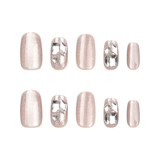 Sparkling Elegance Medium Squoval Soft Pink Glitter Nails with Rhinestone Accent