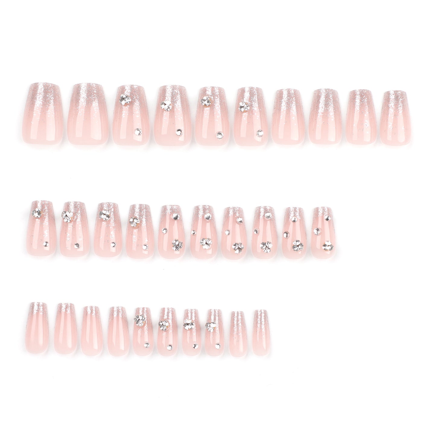 Radiant Elegance Medium Coffin Pink Press-On Nail Set with Sparkling Gemstone Accents