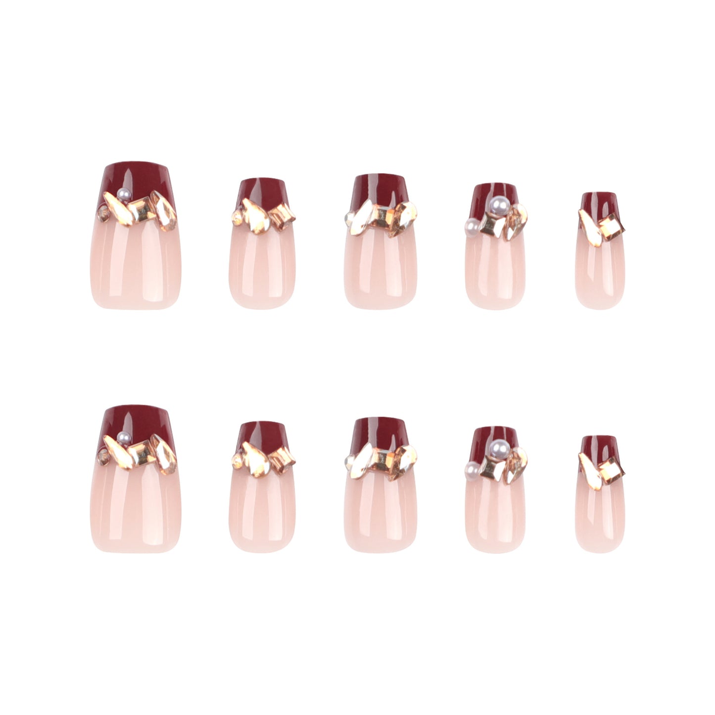 Glamourous Elegance Short Coffin Burgundy and Beige Nail Set with Dazzling Gem Accents