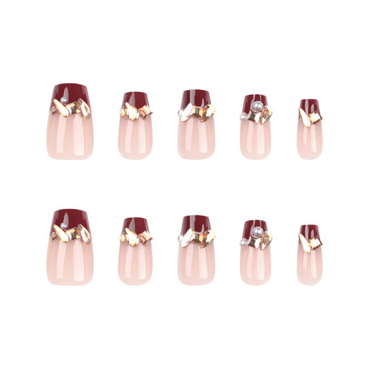 Glamourous Elegance Short Coffin Burgundy and Beige Nail Set with Dazzling Gem Accents