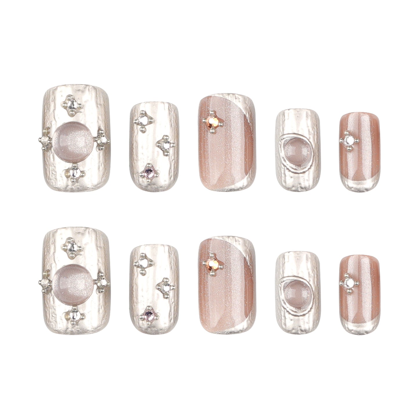 Glamorous Elegance Glossy Medium Squoval Beige Nails with Shimmering Accents and Sparkling Gems