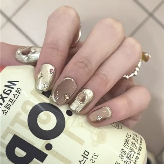Glamorous Chic Short Square Beige and Gold Press On Nail Set with Unique Gemstone Accents