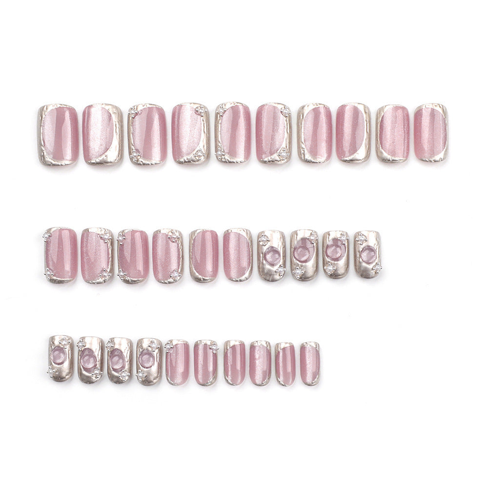 Dreamy Elegance Press On Nail Set in Medium Square Shape Soft Pink Color with Shimmering Silver Accent