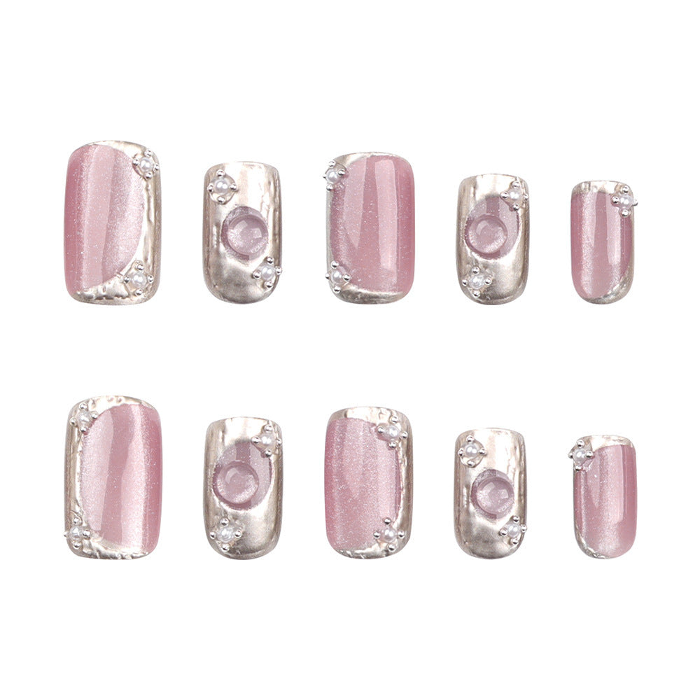 Glamorous Rose Quartz Inspired Press On Nail Set in Medium Square Shape with Iridescent Pink Finish and Sparkling Gemstone Accents
